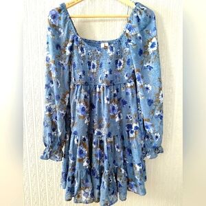 Floral Blue Long Sheer Sleeve Dress Midi  Flowy Spring Summer Chic Small